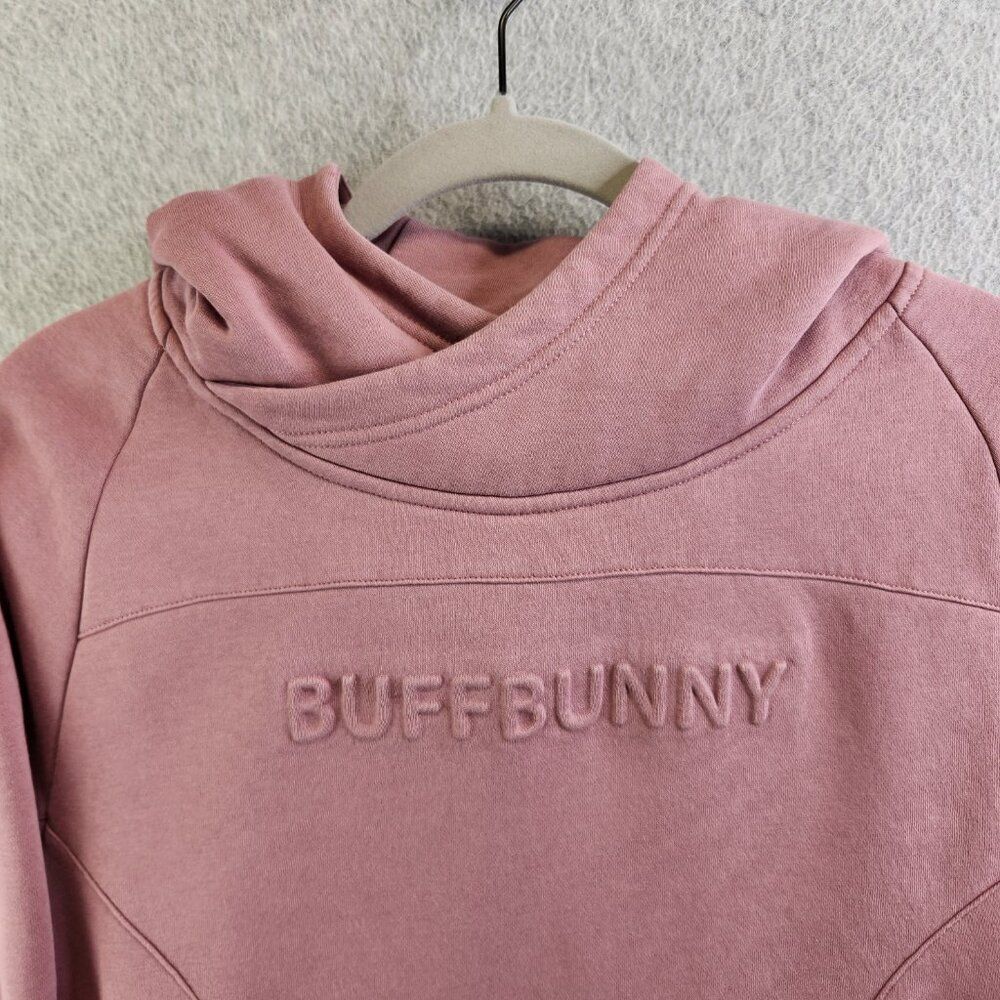 Buff Bunny Hoodie Womens M Pink Beyond Cowlneck Embossed Spellout Thumbholes - Picture 2 of 16